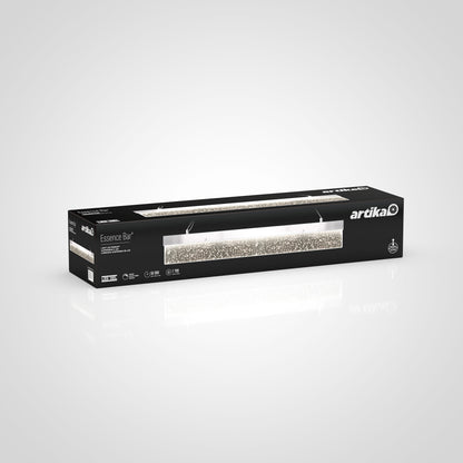A black rectangular Artika box displays the Essence Bar LED pendant light, featuring a photo of the modern sparkling fixture on a white background.