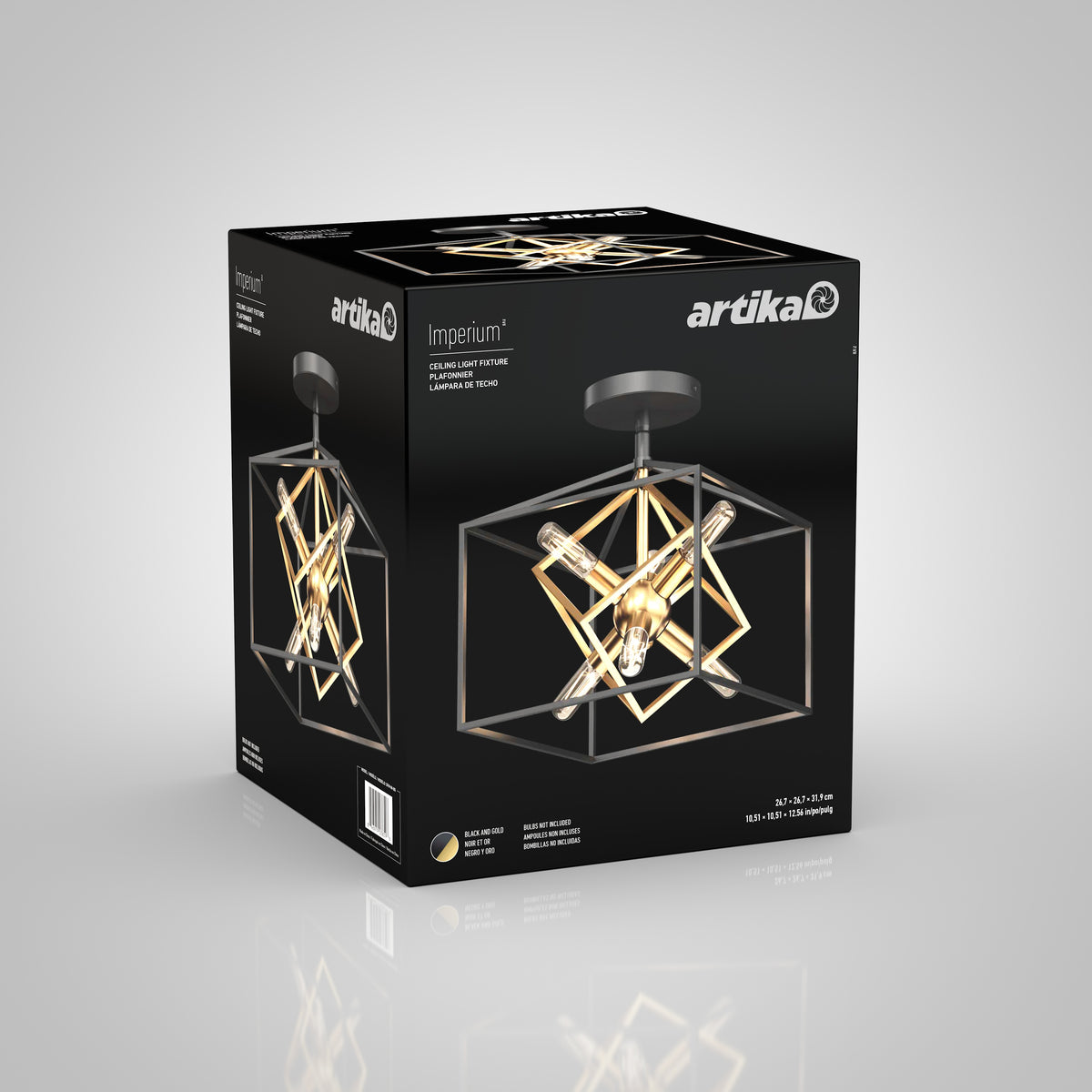 A black box displays the Artika Imperium ceiling light fixture, featuring a modern geometric design with gold and black metal bars and exposed bulbs. The brand name and product details are visible on the packaging.