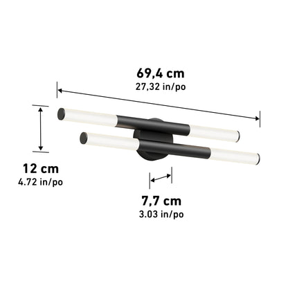 The Artika Boro LED modern bathroom vanity light 5 CCT features two wall-mounted horizontal bars, black in the center and white at the ends. Measures 69.4 cm wide, 12 cm high, and 7.7 cm deep.