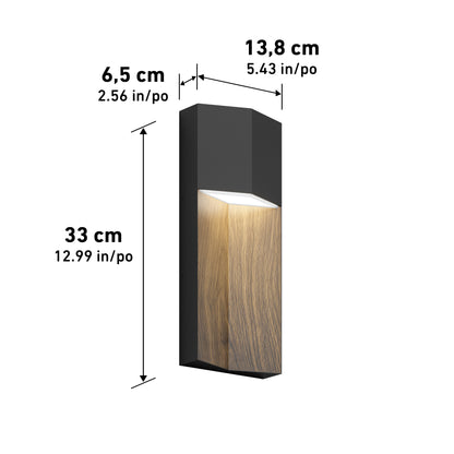 The Artika Howel modern LED indoor-outdoor wall light 5 CCT features black, gray, and wood finishes, measures 33 cm tall, 13.8 cm wide, and 6.5 cm deep, and shines light downward for a stylish look indoors or outdoors.