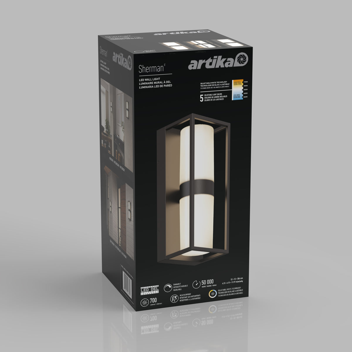 A product box for the Artika Sherman LED wall light, featuring an image of the fixture with a rectangular black metal frame and cylindrical white light, for indoor or outdoor use. Text highlights features and specifications.