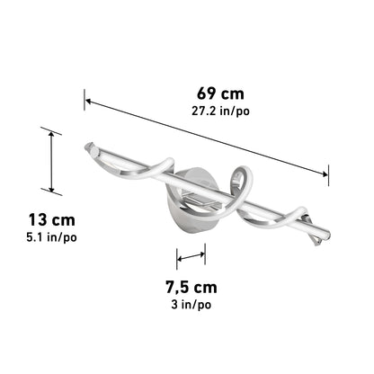 The Artika Coda modern LED bathroom vanity light 5 CCT features a twisted metal design and wall-mount style, measuring 69 cm (27.2 in) wide, 13 cm (5.1 in) high, and 7.5 cm (3 in) deep with measurements shown by double-headed arrows.