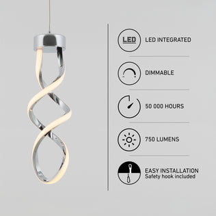 The Artika Mini Swirl LED pendant light with chrome finish hangs against a gray background. Feature icons and text highlight LED integration, dimmable function, 50,000-hour lifespan, 750 lumens, and easy installation.