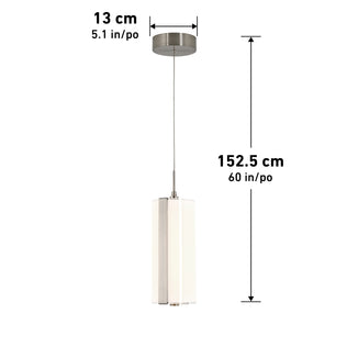 The Artika Subway Round Mini LED pendant light features a cylindrical white shade, metal accents, and a 5.1-inch (13 cm) round ceiling mount. The fixture is 60 inches (152.5 cm) long; measurement arrows are shown.