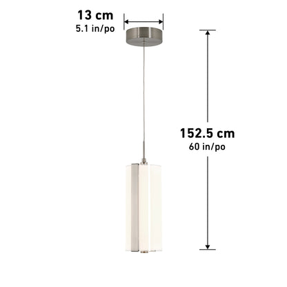 The Artika Subway Round Mini LED pendant light features a cylindrical white shade, metal accents, and a 5.1-inch (13 cm) round ceiling mount. The fixture is 60 inches (152.5 cm) long; measurement arrows are shown.