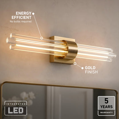 Artika Dorado 27″ LED wall vanity features 5CCT dimmable, energy-efficient lighting with a 5-year warranty—modern, sleek bathroom sconce.