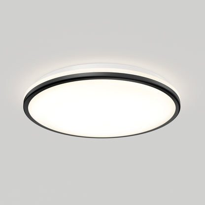 The Artika Macy 15 in. LED modern flush mount light features a black trim and frosted white cover, mounts to a plain white ceiling, and delivers a soft, even glow. RGB Wifi enabled for customizable ambiance.