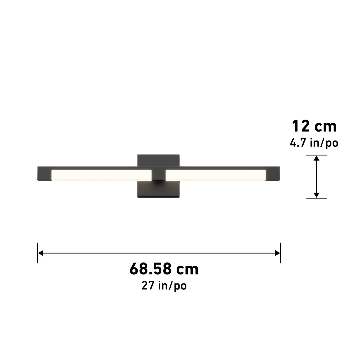 The Artika Tivoli modern LED bathroom vanity light 5 CCT is a rectangular black sconce with a central mounting plate and two horizontal LED bars. It has adjustable lighting, LED dimmer compatibility, and measures 68.58 cm wide by 12 cm high.