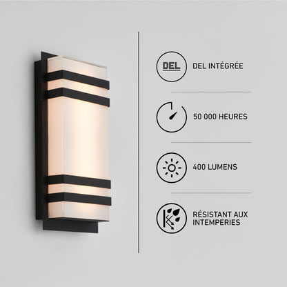Rectangular Artika Glowbox 3 LED wall light shown with 50,000-hour lifespan, 400 lumens, and weather-resistant icons for indoor-outdoor use.
