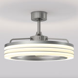 A modern ceiling light fixture with a brushed metal finish, circular design, and glowing white LED rings, mounted on a short rod against a white ceiling.