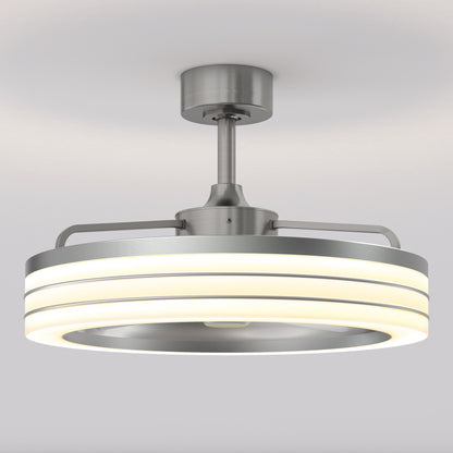 The Artika Horizon 23 in. LED modern ceiling fan features a sleek, contemporary circular design with glowing white LED rings, brushed metal finish, three speeds, and includes a remote control for easy operation.