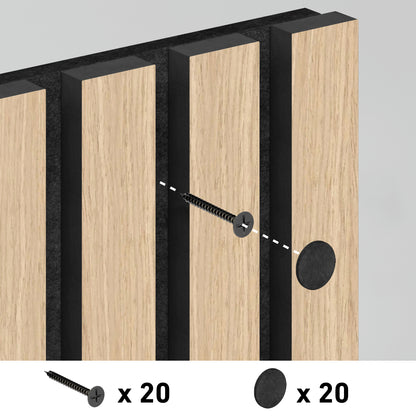 Illustration of a screw being inserted into a Sonolok sound-absorbing wall panel from Artika, featuring black vertical stripes. Icons below show that the kit includes 20 screws and 20 round black covers.