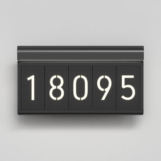 The Artika Bowen modern LED outdoor address wall light 5 CCT features illuminated white numbers on a sleek black design, enhancing your exterior with style and visibility.
