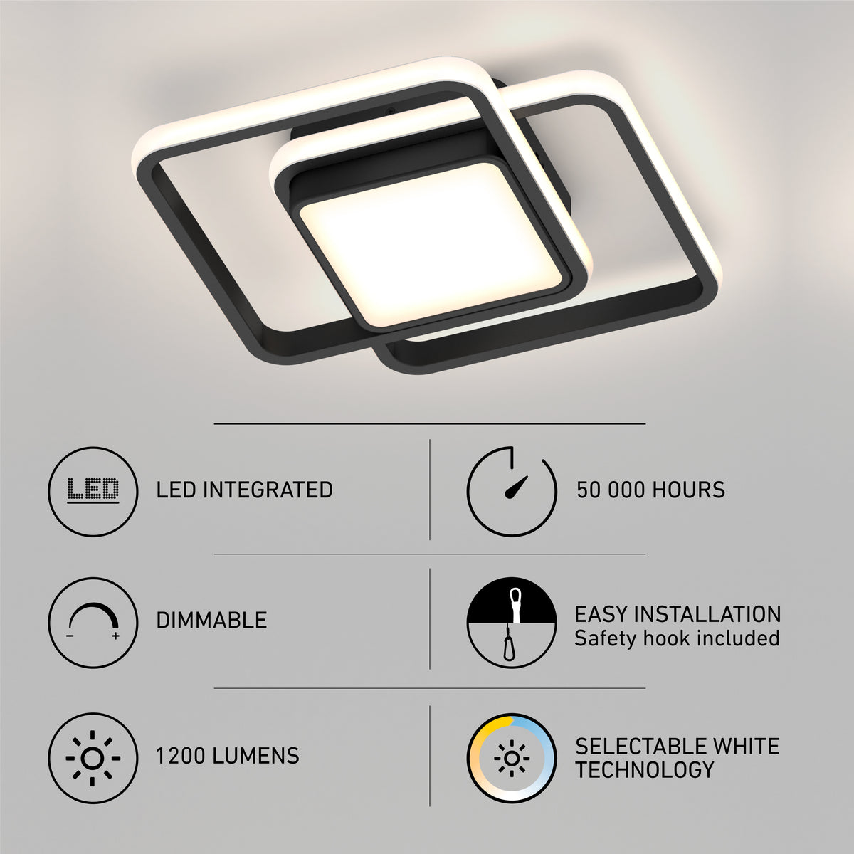 The Artika Romeson 11 in. LED modern flush mount light features two overlapping square frames, 5 selectable color temperatures, LED with 50,000-hour life, dimming capability, easy installation, and delivers 1200 lumens of brightness.