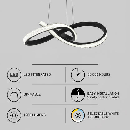 A black, infinity-shaped Artika Morgan LED contemporary pendant light 5 CCT above a chart listing features like dimmability and 1900 lumens.