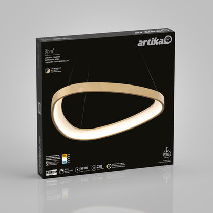 A black box displays the Artika Bjorn modern LED pendant light 5 CCT, featuring a sleek oval wooden frame with integrated lighting. The front of the packaging highlights its specifications and features.
