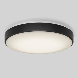 The Artika Sunraker 10 in. LED modern flush mount light features a black outer rim and white frosted diffuser, delivering sleek style when installed on a light gray ceiling.