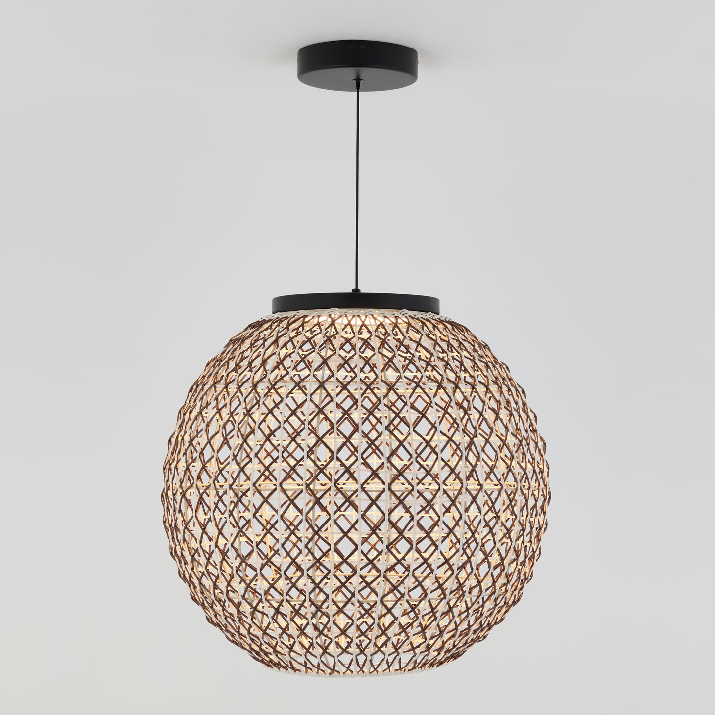 The Benson LED pendant light 5 CCT by Artika features a woven, lattice-style rattan shade suspended from a black cord and ceiling mount, shown against a plain white background.