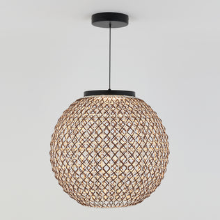 The Benson LED pendant light 5 CCT by Artika features a woven, lattice-style rattan shade suspended from a black cord and ceiling mount, shown against a plain white background.