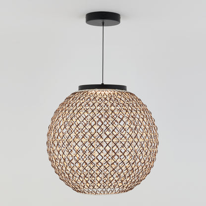 The Benson LED pendant light 5 CCT by Artika features a woven, lattice-style rattan shade suspended from a black cord and ceiling mount, shown against a plain white background.