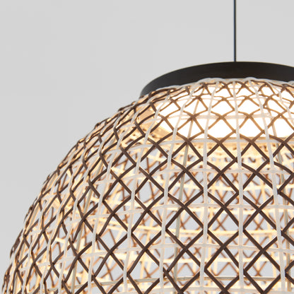 Close-up of the Artika Benson LED pendant light 5 CCT, featuring a geometric woven rattan design and warm illumination, set against a plain light gray background.