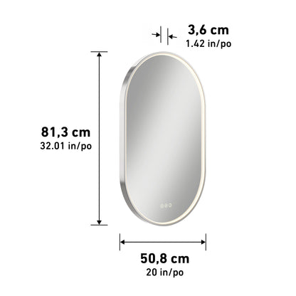 The Artika Royce LED mirror 3 CCT with defogger is an oval mirror with a white frame, measuring 81.3 × 50.8 × 3.6 cm and featuring three touch buttons at the bottom.
