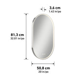 An oval mirror with a white frame, measuring 81.3 cm (32.01 in) high, 50.8 cm (20 in) wide, and 3.6 cm (1.42 in) thick. The bottom of the mirror shows three small touch icons.