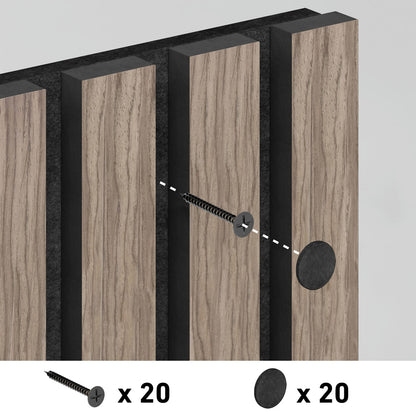Illustration of a screw being inserted into the Sonolok sound-absorbing wall panel kit by Artika, with a black strip between panels. Icons show 20 screws and 20 black circular covers included.