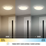 A ceiling light shown in three lighting modes: warm white (3000K), neutral, and cool white (5000K), above a door. Icons and labels indicate adjustable color temperature settings in English, French, and Spanish.