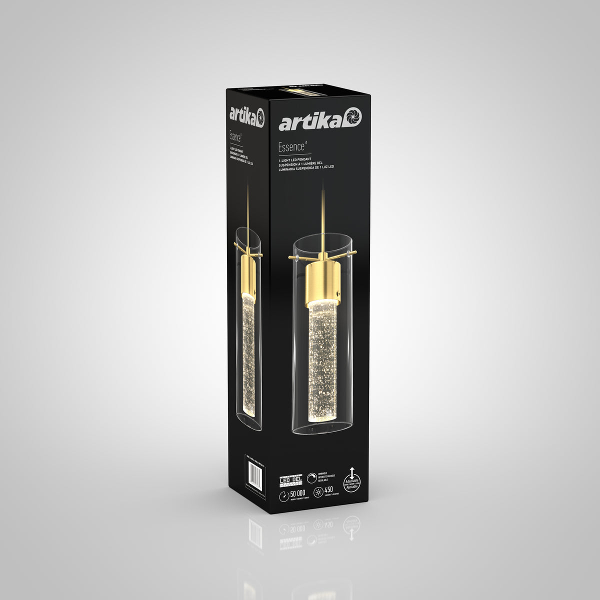 A black rectangular box featuring the Artika Essence LED pendant light, showing an image of the gold and glass light fixture with bubbles inside, along with product details and branding on the packaging.