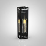 A black rectangular box featuring the Artika Essence LED pendant light, showing an image of the gold and glass light fixture with bubbles inside, along with product details and branding on the packaging.