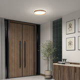 A modern entryway with double wooden doors, a round ceiling light, a potted plant, a wooden console table, and framed architectural prints on a light-colored wall.