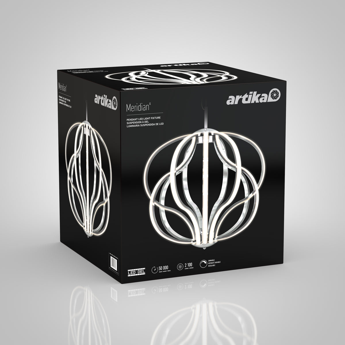 A black box features the Artika Meridian pendant LED light fixture, showing a modern, sculptural white LED design on multiple sides, along with product details and branding.