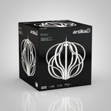 A black box features the Artika Meridian pendant LED light fixture, showing a modern, sculptural white LED design on multiple sides, along with product details and branding.