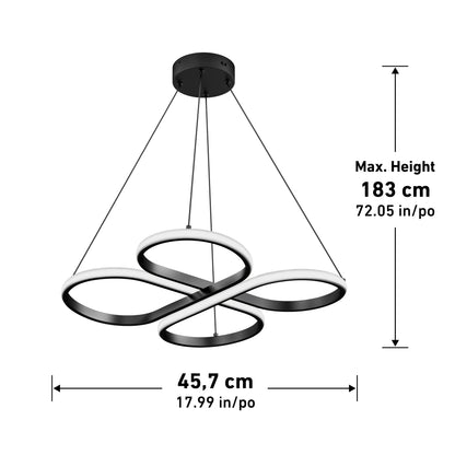 Modern black and white LED pendant light with an abstract looped design. Dimensions shown: width 45.7 cm (17.99 inches) and maximum hanging height 183 cm (72.05 inches).
