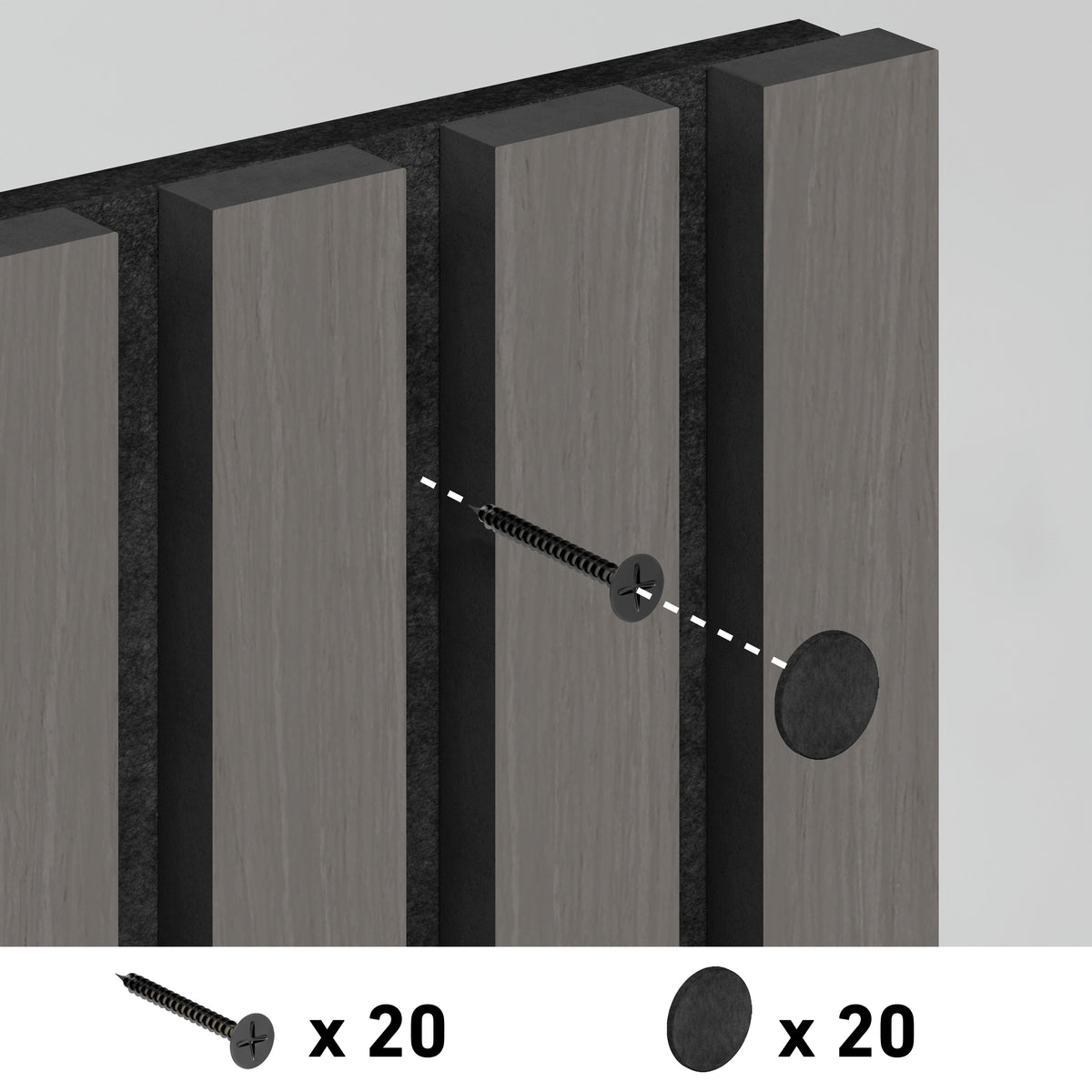 Illustration showing a screw being inserted into a vertical wooden panel with a screw cover to be placed over it; below, an icon of 20 screws and 20 screw covers is displayed.
