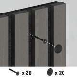 Illustration showing a screw being inserted into a vertical wooden panel with a screw cover to be placed over it; below, an icon of 20 screws and 20 screw covers is displayed.