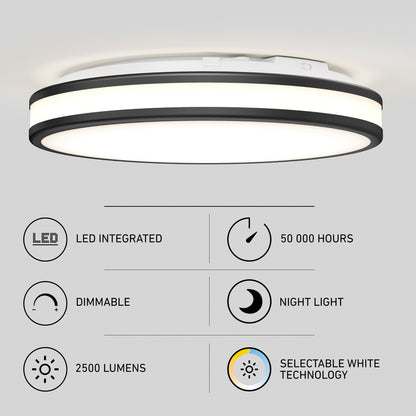 The Artika Hemisphere 15 in. LED flush mount light features adjustable brightness, night light mode, 2500 lumens, selectable white (5 CCT), a 50,000-hour lifespan, and integrated LEDs—ideal for bathrooms. Icons highlight each feature for easy reference.