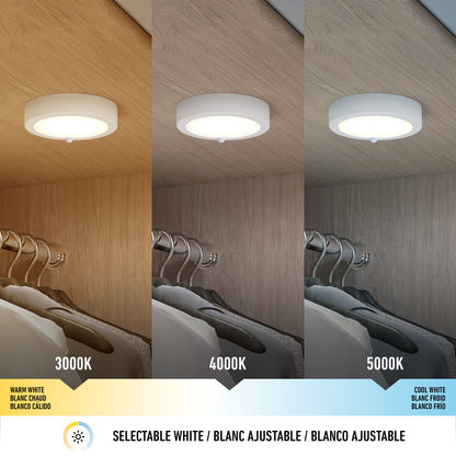 An Artika Accent under cabinet LED light 3CCT shows three color temperatures: 3000K warm white, 4000K neutral white, and 5000K cool white. Bottom text: Selectable White / Blanc Ajustable / Blanco Ajustable.