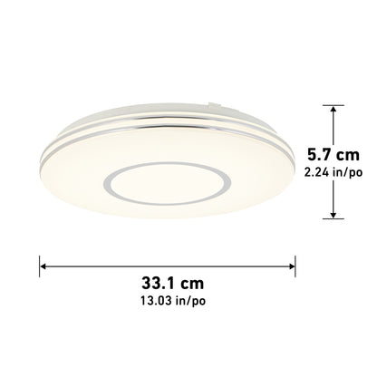 The Artika Horizon 13 in. LED flush mount light 3 CCT, shown from the side, features a white finish and measures 33.1 cm (13.03 in) wide by 5.7 cm (2.24 in) tall.