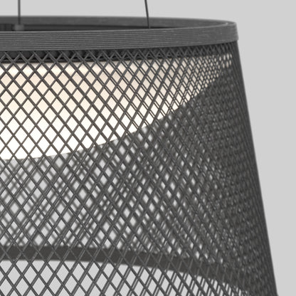 Close-up of the Artika Adrian LED pendant light 3 CCT in black metal with a mesh grid design. Its inner glow highlights the textured metal mesh, set against a plain, light gray background.