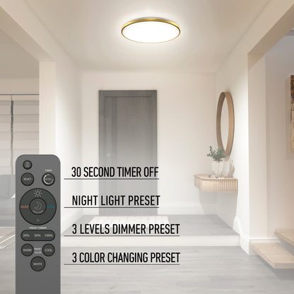 A modern hallway with a round ceiling light, a console table, and a mirror. On the left, a remote control is shown with settings. Overlay text highlights timer, night light, dimmer, and color changing presets.
