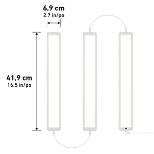 Three vertically arranged Maestro under cabinet LED light 3CCT panels by Artika are connected by cables. Each panel measures 41.9 cm (16.5 in) high and 6.9 cm (2.7 in) wide, with black measurement lines shown beside them.