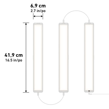 Three vertically arranged Maestro under cabinet LED light 3CCT panels by Artika are connected by cables. Each panel measures 41.9 cm (16.5 in) high and 6.9 cm (2.7 in) wide, with black measurement lines shown beside them.