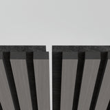 Close-up view of two parallel, vertical slatted panels with dark tops and gray surfaces, separated by a narrow gap, against a plain white background.