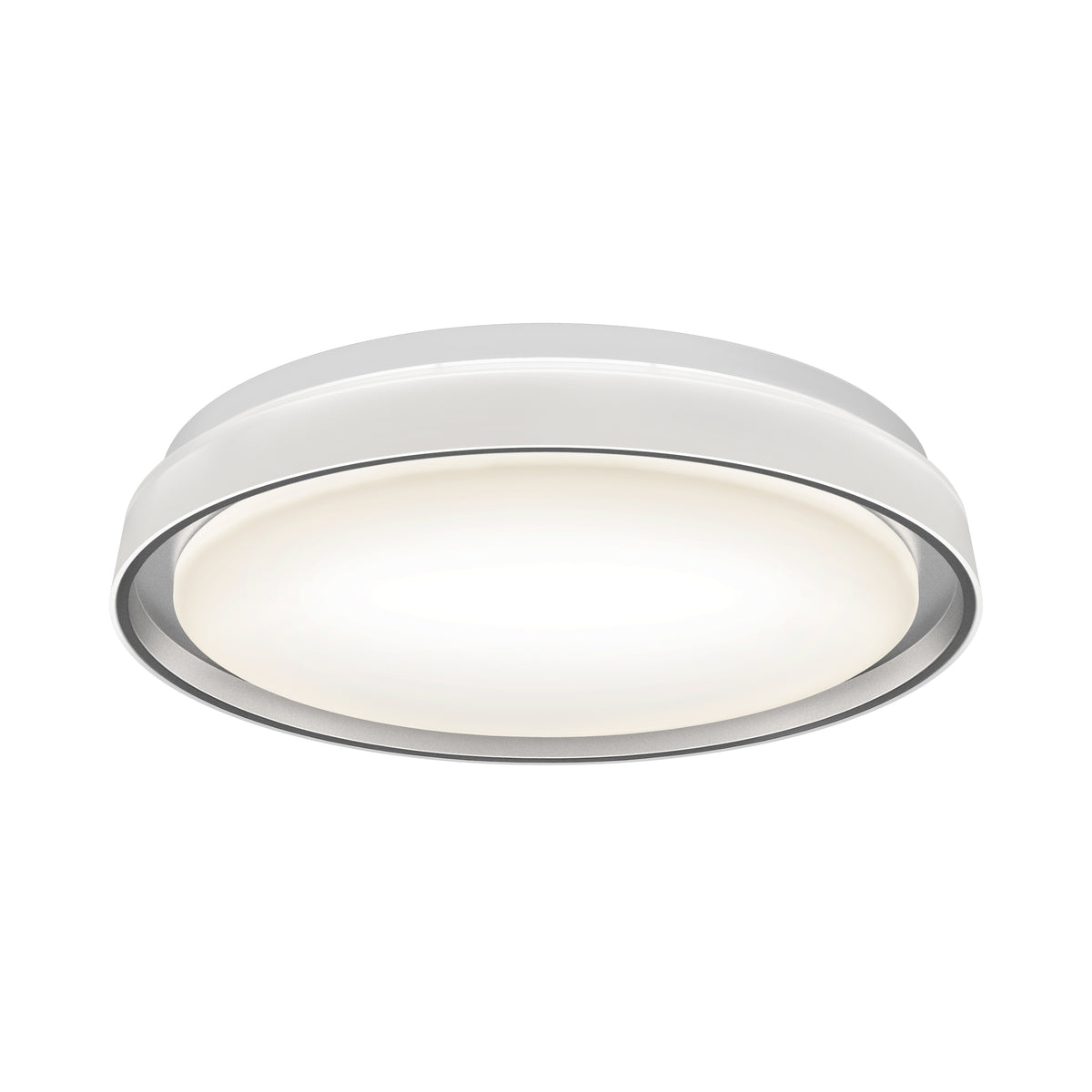 A modern, round, white ceiling light fixture with a smooth, frosted cover emitting a soft, even glow.