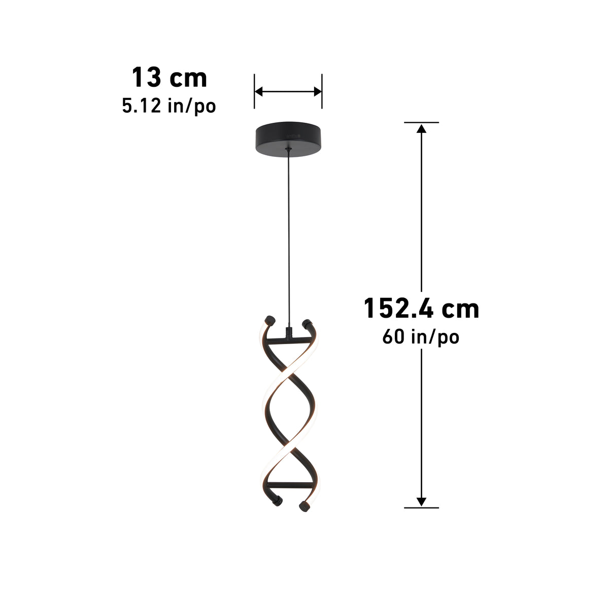 A modern pendant light with a black circular ceiling mount, a twisted double helix-shaped light fixture, and measurements showing 13 cm (5.12 in) wide and 152.4 cm (60 in) long.