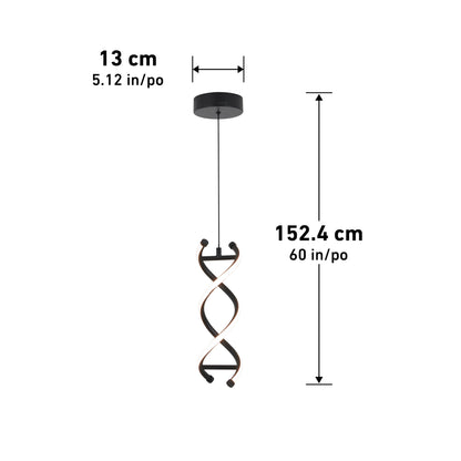 The Artika DNA LED pendant light features a double helix design, hangs from a round mount, and measures 13 cm (5.12 in) wide by 152.4 cm (60 in) tall, with dimensions shown next to the lamp.