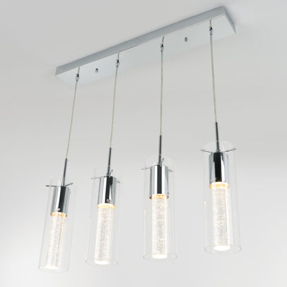 The Artika Bubble Flow 4-light pendant features four cylindrical glass shades, each with an LED bulb, suspended from a rectangular chrome base for a modern ceiling lighting solution.
