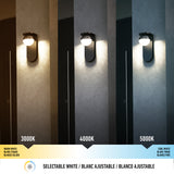 Three outdoor wall lights show different color temperatures: 3000K (warm white), 4000K (neutral white), and 5000K (cool white), with corresponding light effects on a wall. Text indicates selectable white options.